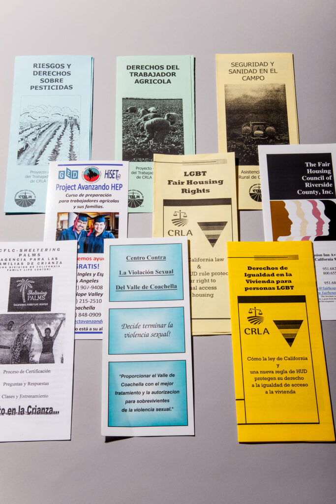 Pamphlets describing some of the many services offered by the Mecca Family and Farm Worker Service Center. The work Maria and the community council does is instrumental in bringing these services to the community. They include adult school for English as a second language, utility assistance, community mediation, counseling services, parenting classes, , pesticide risks and rights education, and programs for seniors and assistance with immigration procedures.