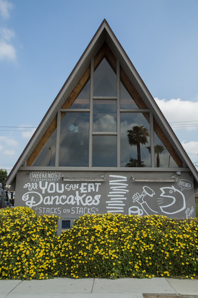 Chef Roy Choi’s Hawaiian soul food restaurant, A-Frame, at 12565 W. Washington Boulevard, has the weekend pancake special described in graphic form by Los Angeles artist Eric Junker.