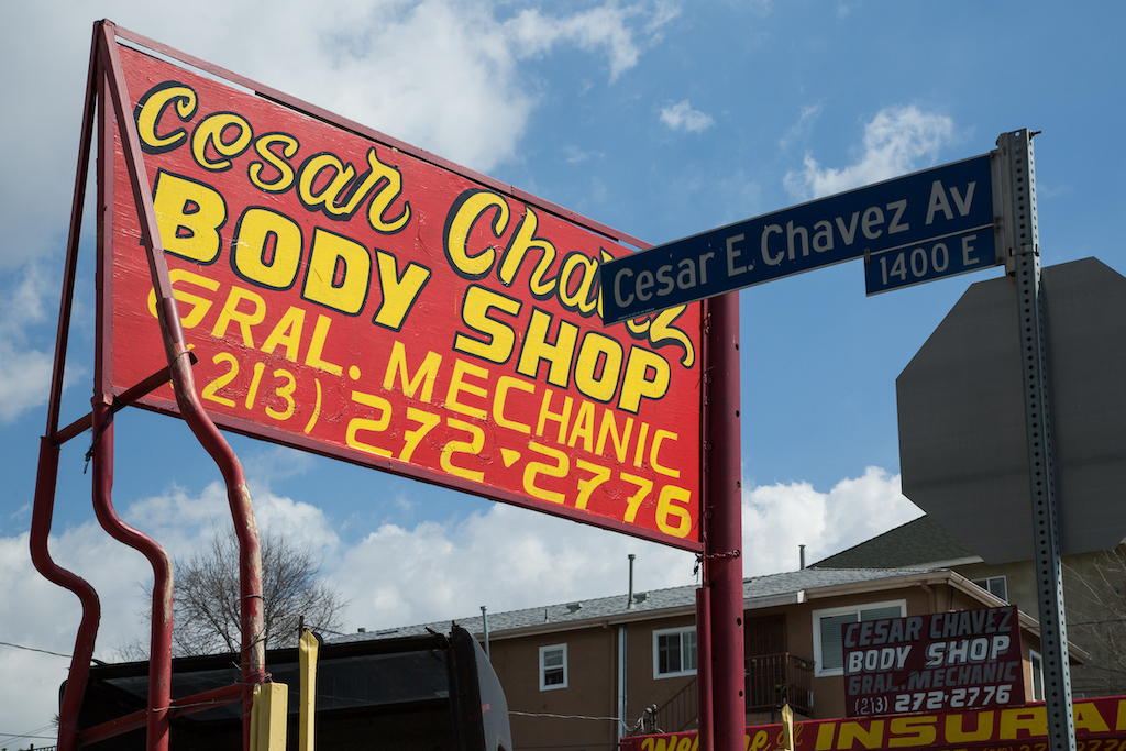 Cesar Chavez Body Shop has been at 1400 E. Cesar Chavez Avenue since 1970. Its signs were done by an itinerant painter who didn’t sign most of his work.