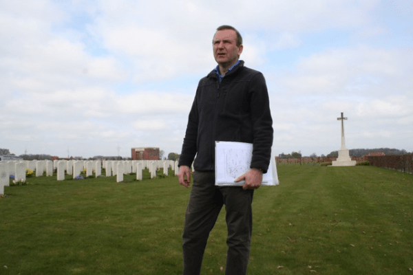 Military Historian Simon Jones at the Talana Farm Cemetery outside Ieper, Belgium, near the site of the first phosgene attack against the British during World War I.