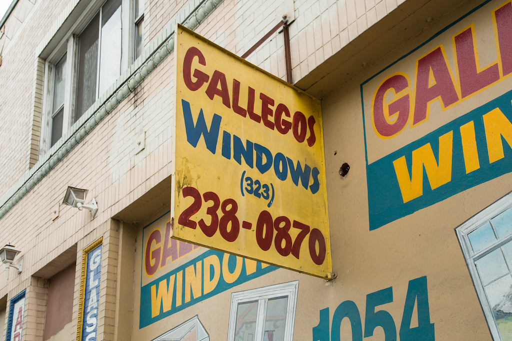 Carefully painted examples of window styles adorn the exterior of Gallegos Windows at 1054 E. 54th Street in the Central Alameda neighborhood.