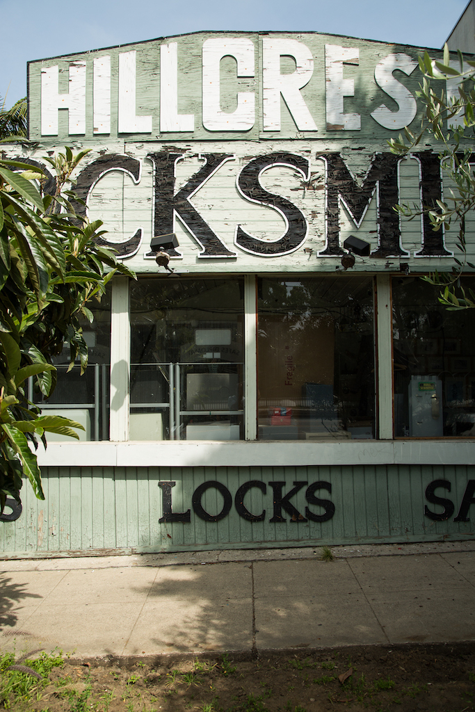 The signs at Hillcrest Lock & Safe, 10397 W. Pico Boulevard in the Century City neighborhood, are made from well-worn three-dimensional painted wood letters.