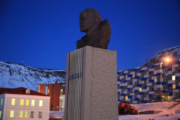 Statue of Lenin dominates square in Barentsburg, Svalbard, Norway.