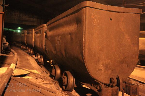 Underground trams of coal in mine in Barentsburg, Svalbard, Norway.