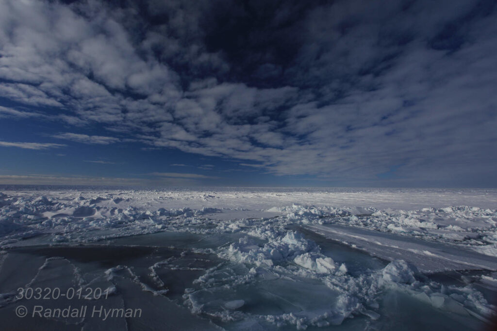 Polar ice pack creates vast frozen landscape stretching to horizon across the Arctic Ocean near 83° north latitude in April 2015, far north of Svalbard, Norway.