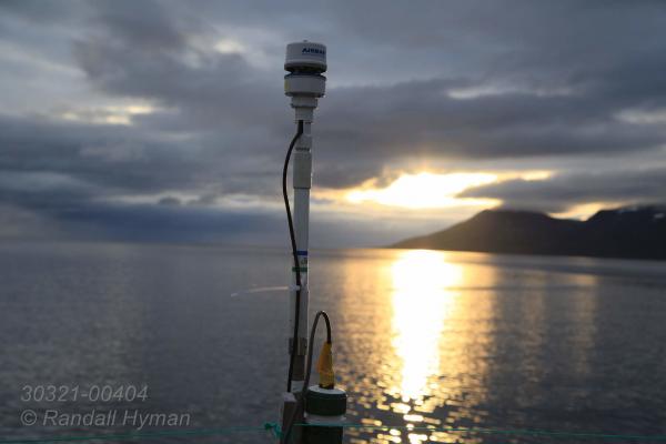 Air intake on ship bow leads to cavity ring-down spectrometer (CRDS) measuring methane and carbon dioxide content of surface water and air during CAGE research cruise aboard R/V Helmer Hanssen; Svalbard, Norway.