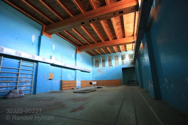 Gymnastics room inside recreation center at the Russian coal mining town of Pyramiden, once heavily subsidized as a model settlement and then abandoned in 1998; Isfjorden, Svalbard, Norway.