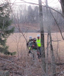 Armed marshals escort tree-fellers onto the Hollerans' property in New Milford, Pennsylvania.