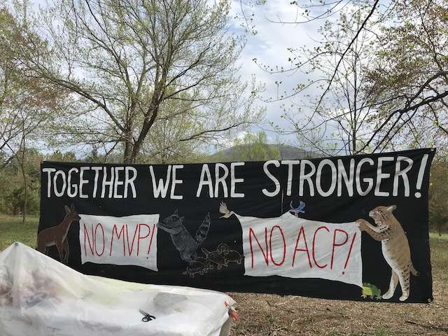 A banner strung at the Friends of Nelson workshop. MVP refers to the Mountain Valley Pipeline, a 303-mile natural gas pipeline proposed between northwest West Virginia and southern Virginia.
