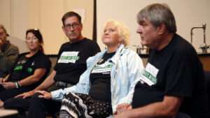 Marietta Jaeger (second from right) sits with several co-founders of the group Journey of Hope: From Violence to Healing (left to right): SueZann Bosler, George White and Bill Pelke. Jaeger and her colleagues were attending a conference on Saturday at Southern Methodist University in Dallas to mark World Day Against the Death Penalty and to launch their speaking tour through Texas.