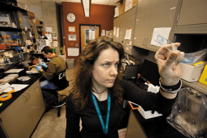 Hazel Barton in lab. Photo by Lynda Richardson