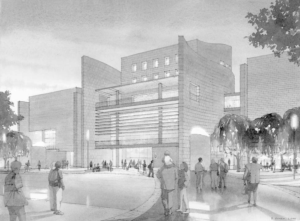 Architects’ concept sketch of the Freedom Center entrance at night.