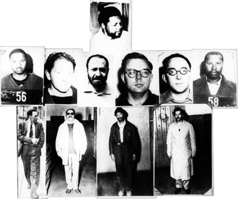Police shots of several people accused in the Rivonia Trial, along with some unindicted co-conspirators. The portrait at the top is of Nelson Mandela, the chief accused. The Chaplinesque-looking man in the lower right-hand corner is Walter Sisulu, another famous activist, in disguise. Seven of the men portrayed here were sentenced to life imprisonment for sabotage. Photo courtesy of the South Africa History Archives, University of Witwatersrand, Johannesburg.