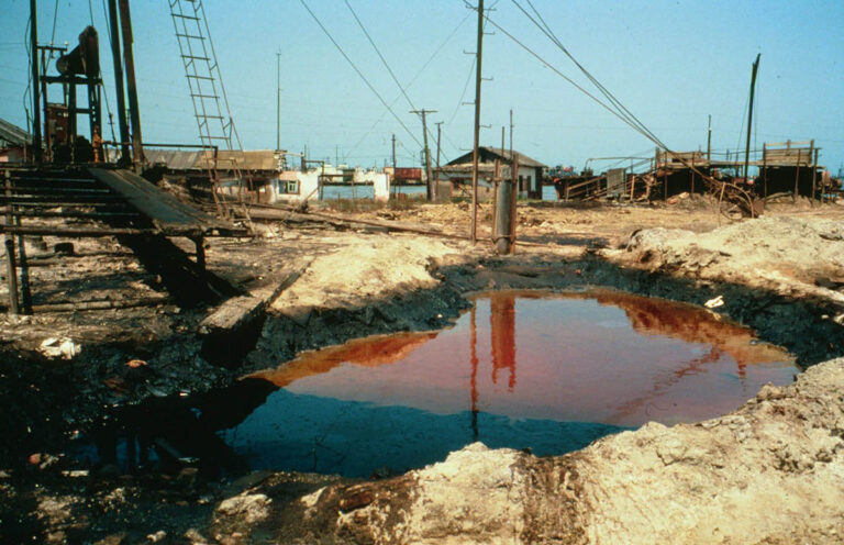 Shallow pools of oily, polluted water are found throughout the port city of Baku.
