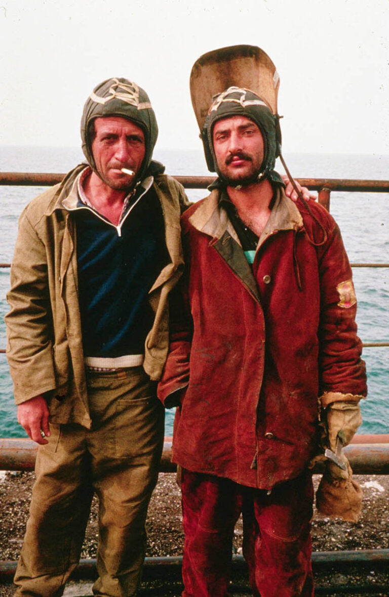 Oil workers on Caspian Sea rigs.