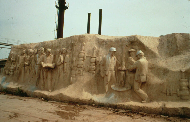 A tribute to oil men has been carved in sandstone at Baku.
