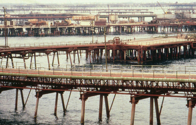Oil pipelines stretch along the Baku seaport.