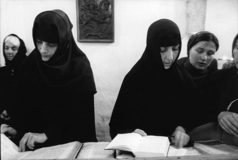 Young nuns read during a mass in Zugdidi, the capital of the Mingrelia region just south of Abkhazia in Georgia. Although Western reports routinely characterized the war for Abkhazia as a religious struggle between Moslem Abkhaz and Christian Georgians, the religious divide was greatly exaggerated. There are no mosques here, as many Abkhaz were Christianized when the region was absorbed by the Russian empire in the 19th century. In Georgia, Orthodoxy prevails, but Tbilisi also boasts mosques and a synagogue.