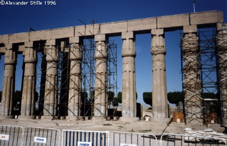 Scaffolding on the columns of the Luxor Temple supports the efforts to stem decay.