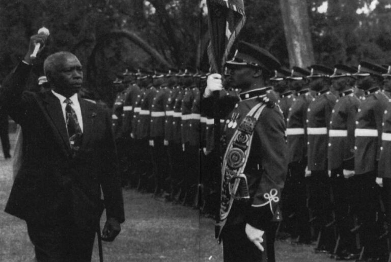 President Daniel arap Moi inspects a guard of honor mounted by the 7th Battalion of the Kenyan Army.