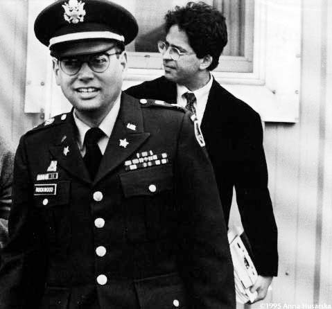 Captain Lawrence P. Rockwood of the 10th Mountain Division (U.S. Army) was found guilty of "conduct unbecoming an officer and a gentleman" for conducting an unauthorized inspection of the National Penitentiary in Port-au-Prince in September, 1994. Behind him is Robert O. Weiner from the Lawyer's Committee for Human Rights, author of the report, "Protect or Obey: The United States Army versus Captain Lawrence Rockwood." Rockwood risked 15 years of flawless military service and a jail sentence of 10 years for trying to establish the prison demographics in Port-au-Prince. He was court martialed this May.
