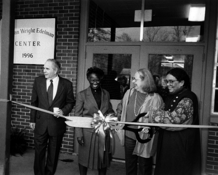 Marian Wright Edelman (far right) cuts the ribbon opening the Head Start center named for her in rural Hurtsboro, Alabama. Also at the festivities at the refurbished school building were Jerry Roden, Jr., executive director of the Alabama Council on Human Relations, Hurtsboro Mayor Mary K. Tapley, and Head Start program director Nancy Spears.