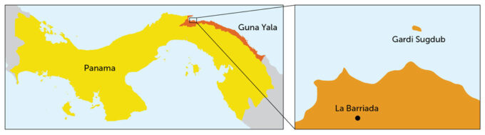 Where the Guna live The Guna Yala territory includes a strip of land along Panama’s northern coast and the more than 350 nearby islands. Families on the island of Gardi Sugdub will be moving to a new mainland community, sometimes called La Barriada.