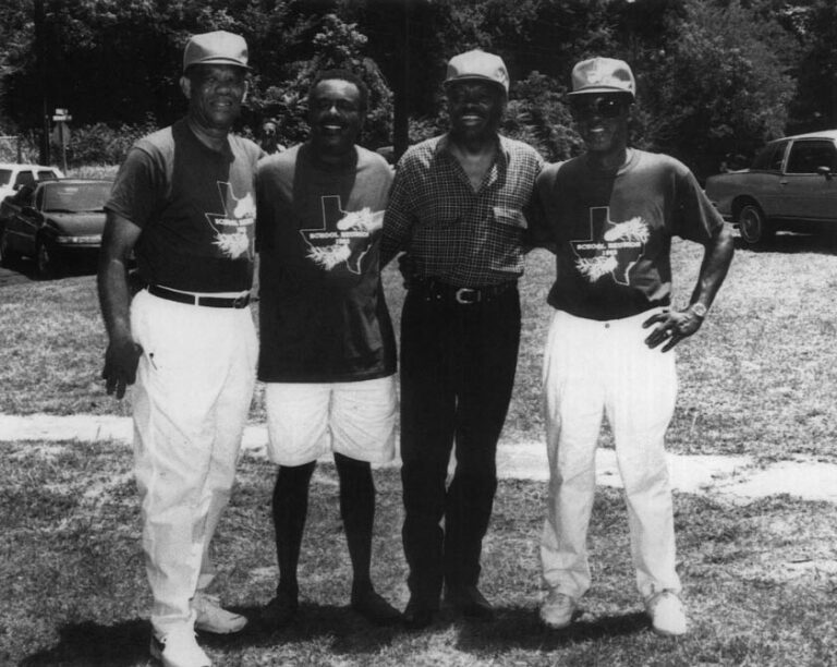 The "ie boys" met again in July 1993 at a reunion of the Mineola Colored High School, where they all graduated. From left, Frank Crawford, Edward Dickie, Willie Brown, Clarence Slayton. Photo by Tom Beesley of the Mineola Monitor