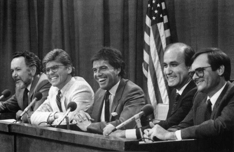 The Gang of Five - five Democrats who tried and failed to unseat Willie Brown as Speaker by making a deal with Republicans - holds a press conference in 1988. The five plotted strategy nightly at their favorite restaurant. In comic moments, they called themselves the Five Amigos. From left are Jerry Eaves of Rialto, Gary Condit of Ceres, Rusty Areias of Los Banos, Charles Calderon of Whittier, and Steve Peace of Chula Vista. Photo by Rich Pedroncelli