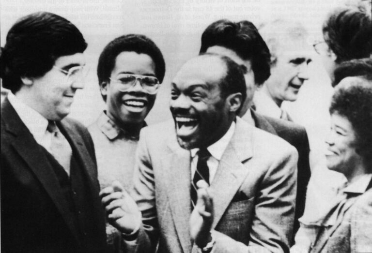 Moments after he is elected Speaker on December 2, 1980, Willie Brown, center, is surrounded on the Assembly floor by his wife, Blanche, right, his son Michael, left, and Democratic Assemblyman Art Torres, far left, who gave him a pivotal vote in the Democratic caucus.. Sacromento Bee Photo, courtesy of City of Sacramento Archives and Museum Collection Center.
