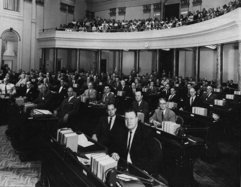 The California State Assembly, 1963-64 session. Willie Brown tried but failed to break into this body in 1963, succeeding two years later. Seated in immediate foreground is Speaker Jesse Unruh, nicknamed "Big Daddy." Immediately behind Unruh is Democrat Ed Gaffney of San Francisco, who Brown unseated in a 1964 Democratic primary. Next to Gaffney is Milton Marks, who was a rival to Brown and his friends in San Francisco politics. In the next row back, third from the right, is Democrat Phillip Burton, who was Brown's political mentor and would help him unseat Gaffney. Photo courtesy Bancroft Library, University of California, Berkeley.