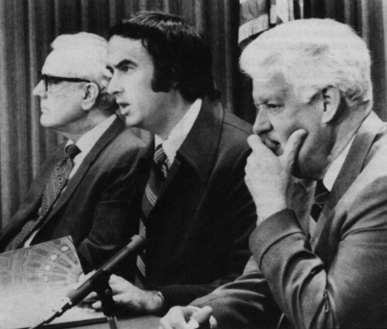 Assemblyman John Burton, center, seated next to State Senator Randolph Collier, right, at a June 1970 legislative hearing. Sacromento Bee/Associated Press Photo, courtesy of City of Sacramento Archives and Museum Collection Center.