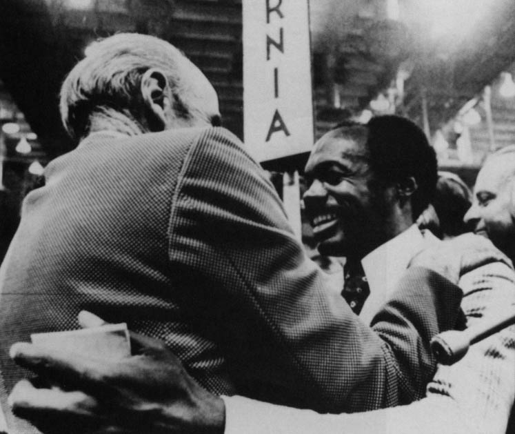 Willie Brown is embrased by U.S. Senator Alan Cranston, D-Calif., at the 1972 Democratic National Convention in the euphoria following George McGovern's presidential candidate. In demanding that the convention "Give me back my delegation!" Brown ensured that all the 271 McGovern-pledged delegates from California would be seated, thereby cinching the nomination for the South Dakota Democrat. Sacromento Bee/Associated Press Photo, courtesy of City of Sacramento Archives and Museum Collection Center.