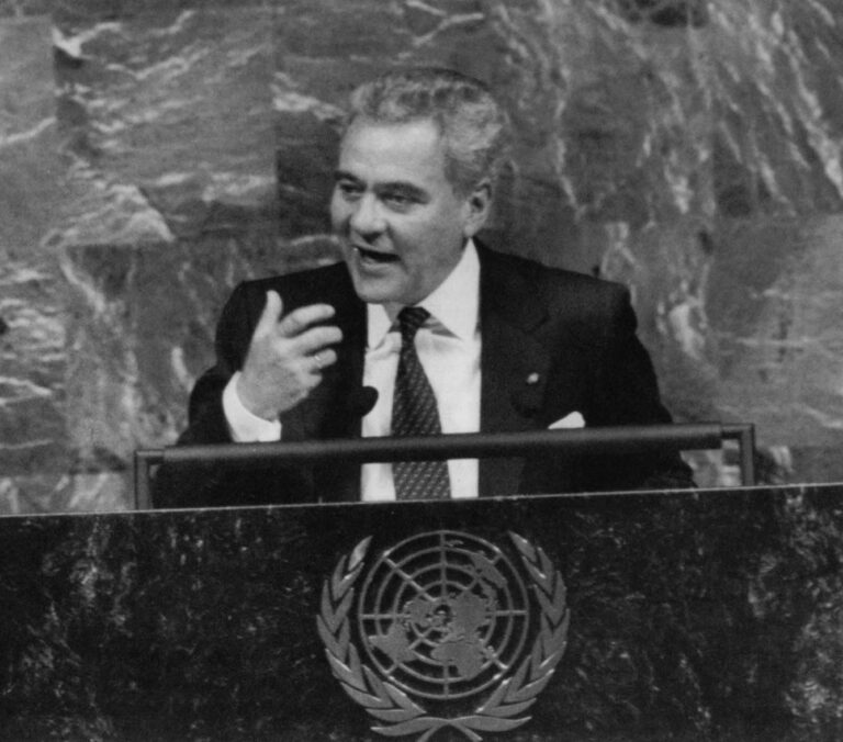 Gonzalo Sanchez de Lozada, president of Bolivia, addressed the U.N. Assembly in 1993. He, along with Peruvian president Alberto Fujimori, is trying to overturn a 1961 decision by the U.N. to eradicate coca. However, recent pressure from the U.S. is causing him to backpedal on his support for coca. Photo by AP/Wide World