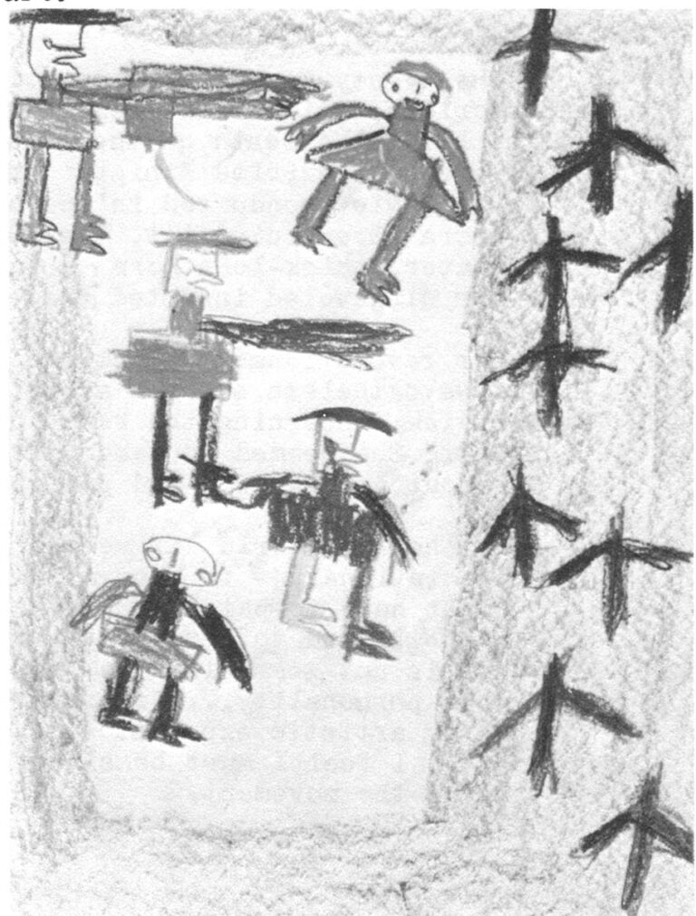 A child's drawing from in Time of War: Children Testify edited by Mona Saudi.
