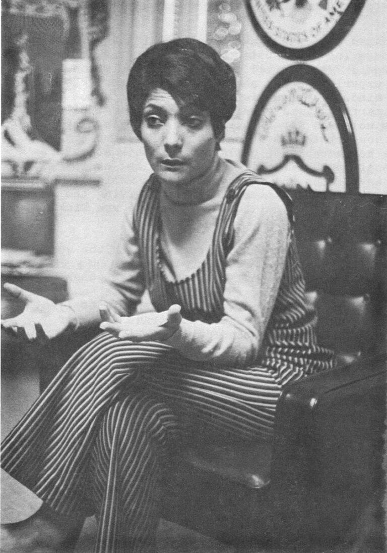 When Leila Khaled described the gulf between her traditional, personal life and revolutionary existence, she spoke in terms of clothes. The petite skyjacker explained, "I wouldn't go to the camp [refugee] dressed as I am now" - in a blue, black and lilac stripped pants outfit with a blue turtleneck sweater, matching blue shoes, and a "Beatles" cap (not pictured) worn over short, dark, naturally wavy hair parted over the right eye.