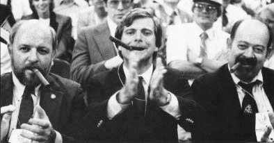 Lee Atwater, Center, Ed Rollins, left, and Lyn Nofziger, smoke cigars during the final session of the GOP National Convention in 1984 in Dallas. Atwater's insistence on censuring David Duke split the state Party. Photo by AP/Wide World Photos.
