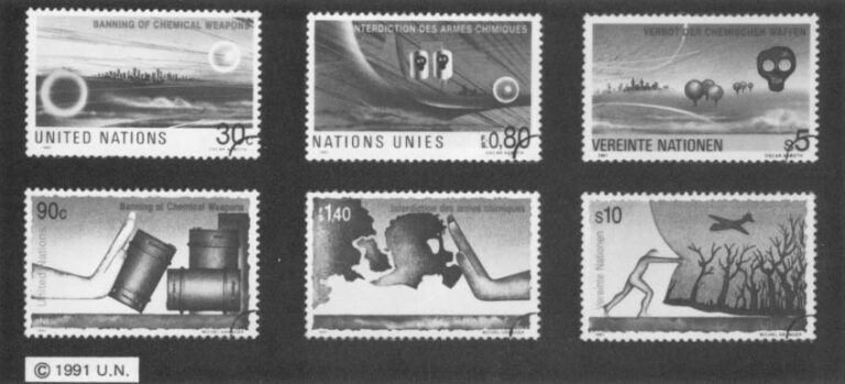 The United Nations issued a series of stamps this year in various languages to endorse the banning of chemical weapons.