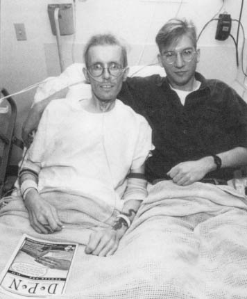 Tom Shearer and Beowolf Thorne in hospital days before Tom died of AIDS.