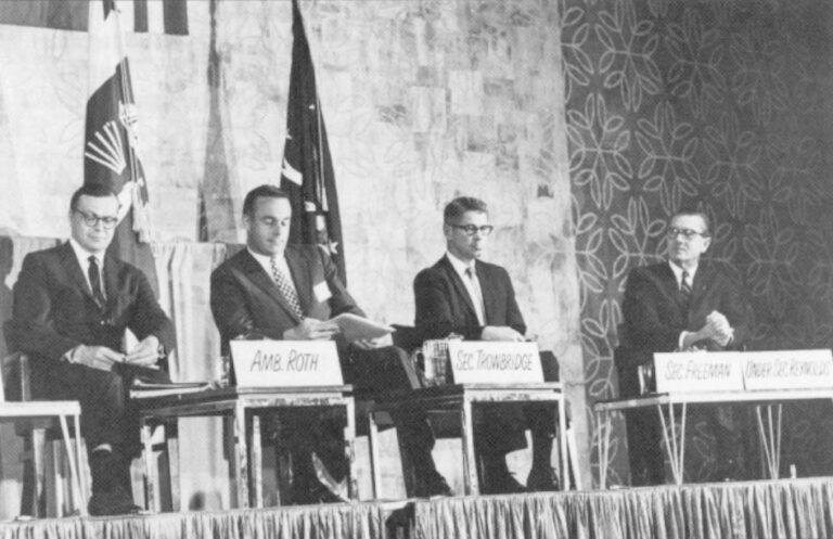 Four years of European trade talks–later named the Kennedy Round negotiations–were discussed at a 1967 U.S. Chamber of Commerce conference by William M. Roth, special representative for trade; Sec. of Commerce Aleanser B, Trowbridge; Sec. of Agriculture Orville Freeman and Under Sec. of Labor James J. Reynolds. AP/Wide World Photo.