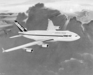 McDonnell Douglas’ huge long-range airliner, planned for 1997, would have had its wings built in Taiwan under an arrangement crafted in part by Brock, who now represents the Taiwanese. Drawing Courtesy of McConnell Douglas