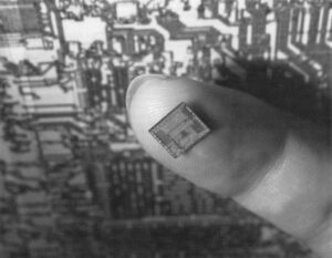 A semiconductor chip, which technological advances have allowed to be made smaller and smaller. The chip trade is one of the touchiest parts of U.S. and Japanese trade relations. Photo Courtesy of Melgar Photography, Santa Clara, CA