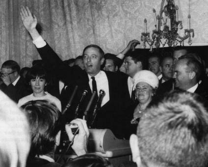 William F. Buckley Jr., helped polarize emotions during his run for mayor as the Conservative Party’s candidate. Here he thanks party volunteers, following his loss in the election. He received 338,432 votes. Photo by AP Wide World Photos