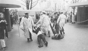 The national Congress for Racial Equality organized demonstrations at the New York World’s Fair in 1964 to protest civil rights injustices and to show leadership to its more radical Brooklyn chapter. Private fair police drag protestors from blocking an entrance to the New York State pavilion. AP/Wide World Photo.
