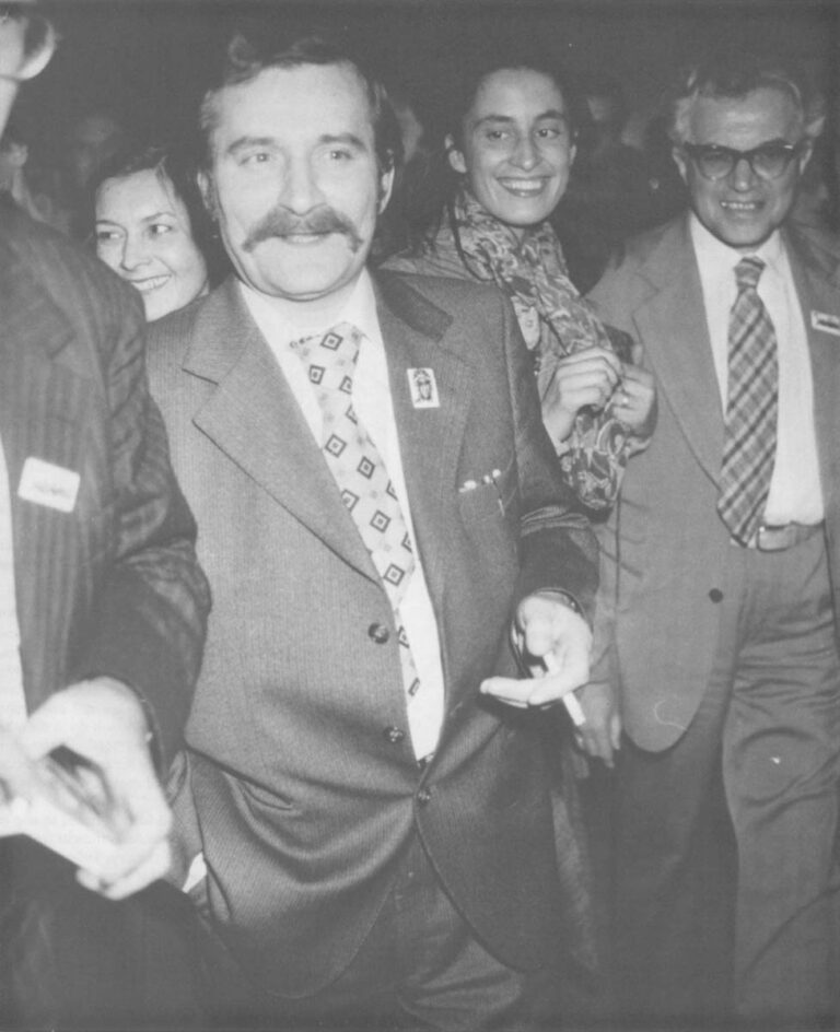 Lech Walesa, Solidarity chairman, on his way to address striking shipyard workers in Gdansk in 1988. AP/Wide World Photo.