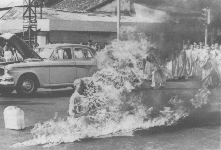 Quang Duc’s self-immolation on June 11, 1963 was captured on film by Malcolm Browne, alerting the world to the growing anti-Diem nationalism in Saigon. Wide World Photos, Inc.