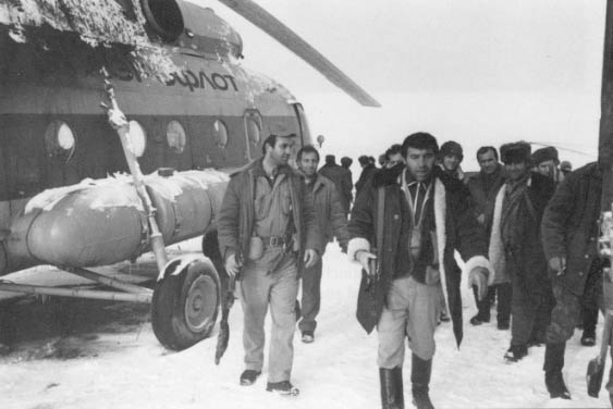 Karabakh official and fighters Prepare to board an MI-8 helicopter from Yerevan to Karabakh.