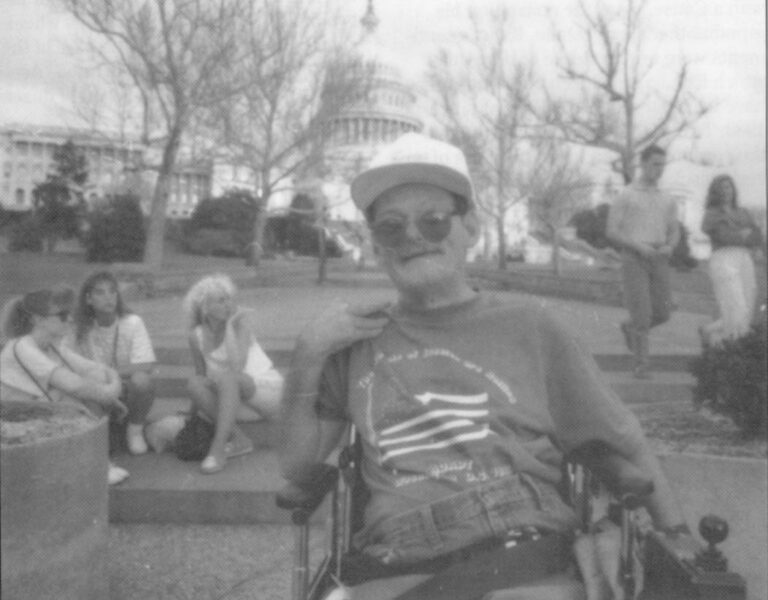 James Templeton, 39, of Austin, Texas, can’t read the shirt he is wearing. From age 7 until age 37, he lived in a state institution, where he was given virtually no education. He has cerebral palsy, but was diagnosed as being retarded. A protection and advocacy lawyer freed him from the institution. This was his fourth demonstration for disability rights.