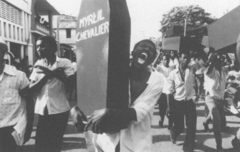 An anti-government demonstration in Port-au-Prince in the summer of 1987 was held as a mock funeral for the unarmed citizens who had been shot by soldiers.