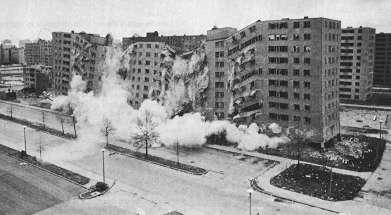 St. Louis’ notorious Pruitt-Igoe housing project being dynamited. Photo by Wide World